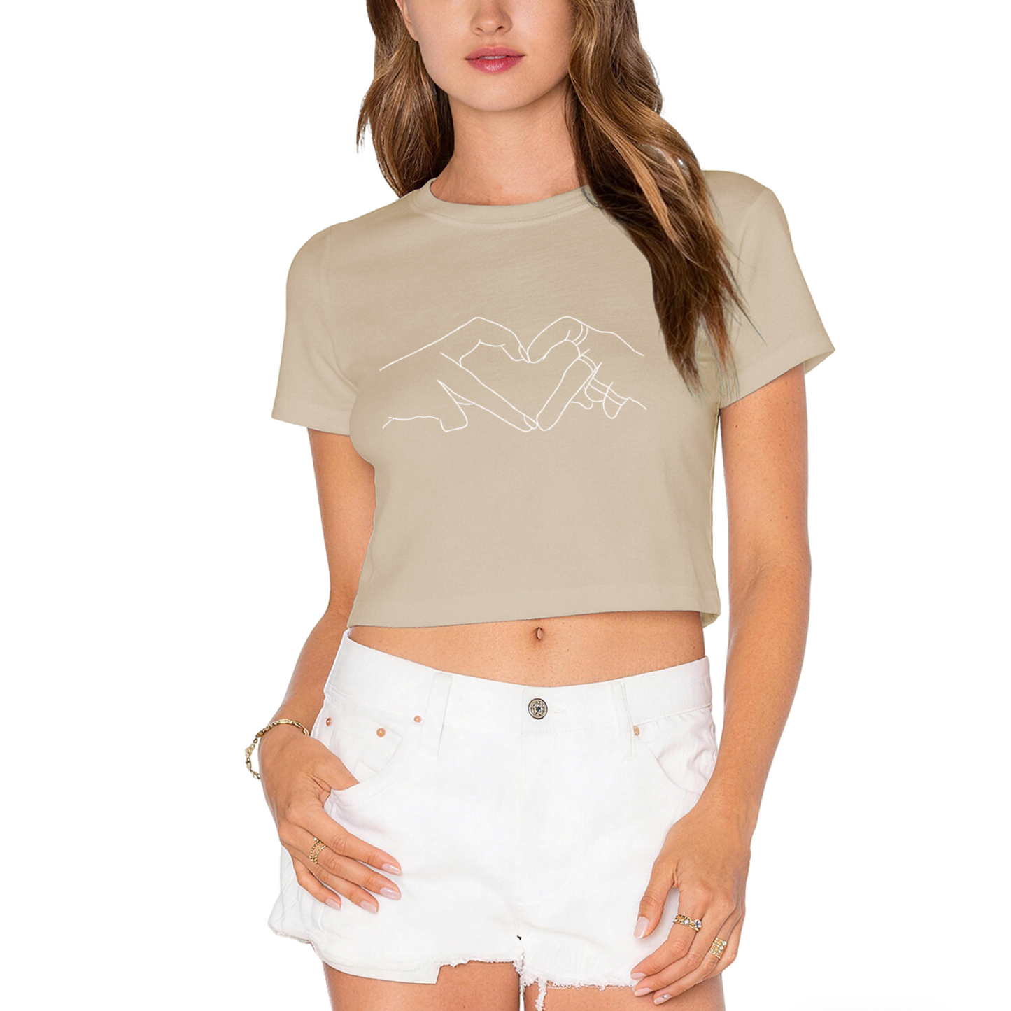 Minimal Line Art Two Hands Form Heart Black Crop Top ¨C Romantic Couple Aesthetic Tee