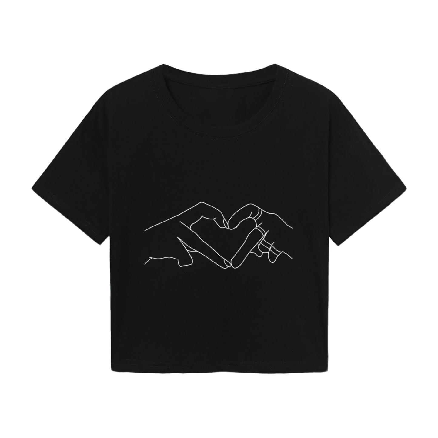 Minimal Line Art Two Hands Form Heart Black Crop Top ¨C Romantic Couple Aesthetic Tee