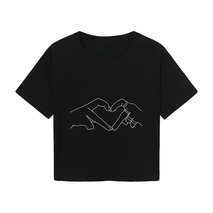 Minimal Line Art Two Hands Form Heart Black Crop Top ¨C Romantic Couple Aesthetic Tee