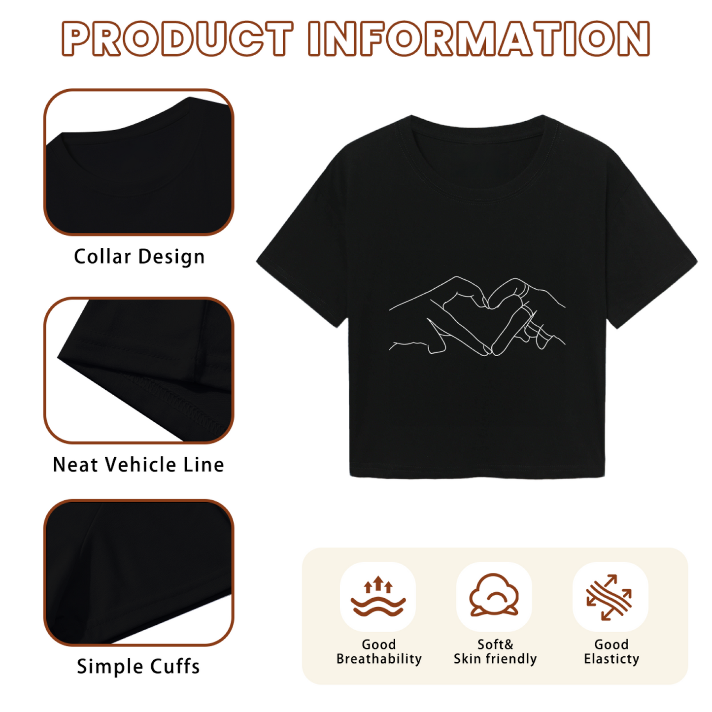 Minimal Line Art Two Hands Form Heart Black Crop Top ¨C Romantic Couple Aesthetic Tee