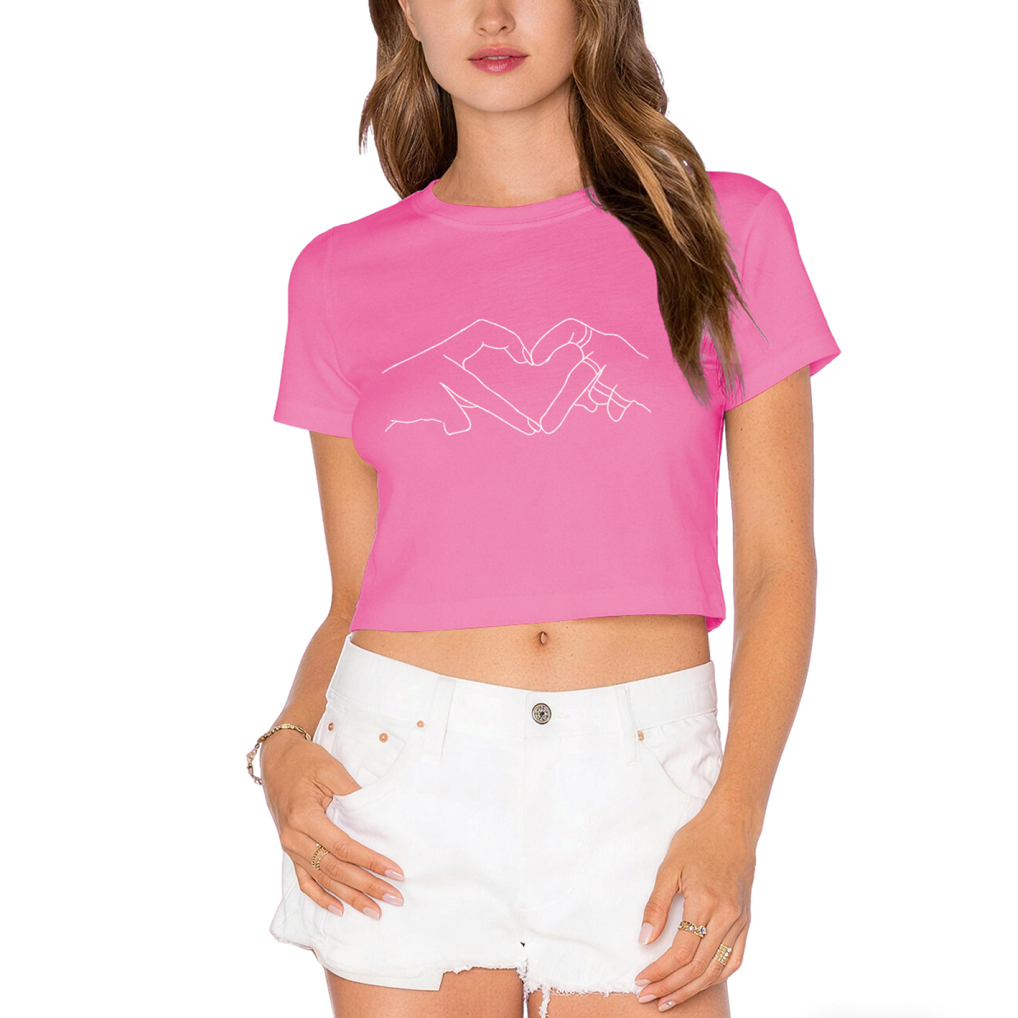 Minimal Line Art Two Hands Form Heart Black Crop Top ¨C Romantic Couple Aesthetic Tee