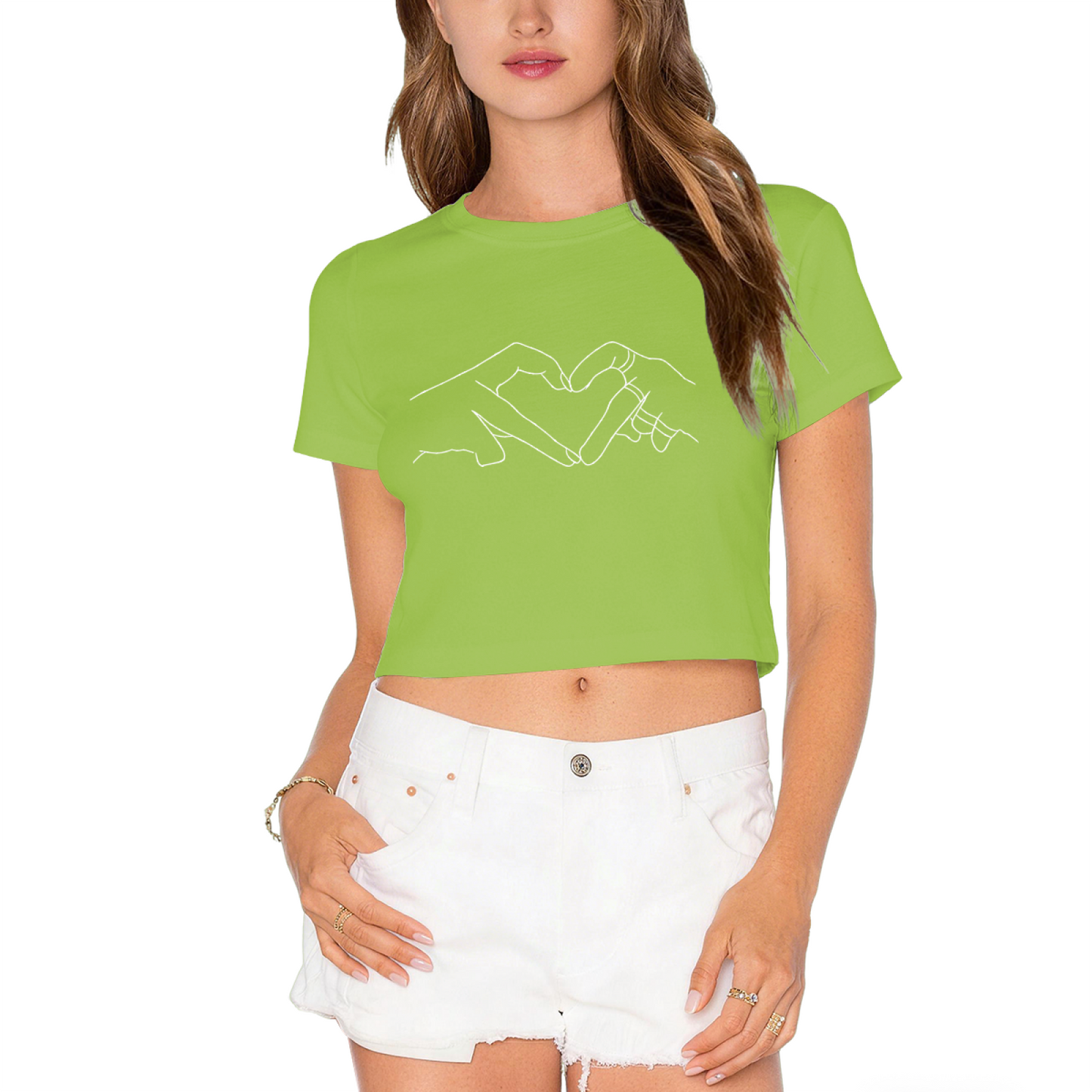 Minimal Line Art Two Hands Form Heart Black Crop Top ¨C Romantic Couple Aesthetic Tee