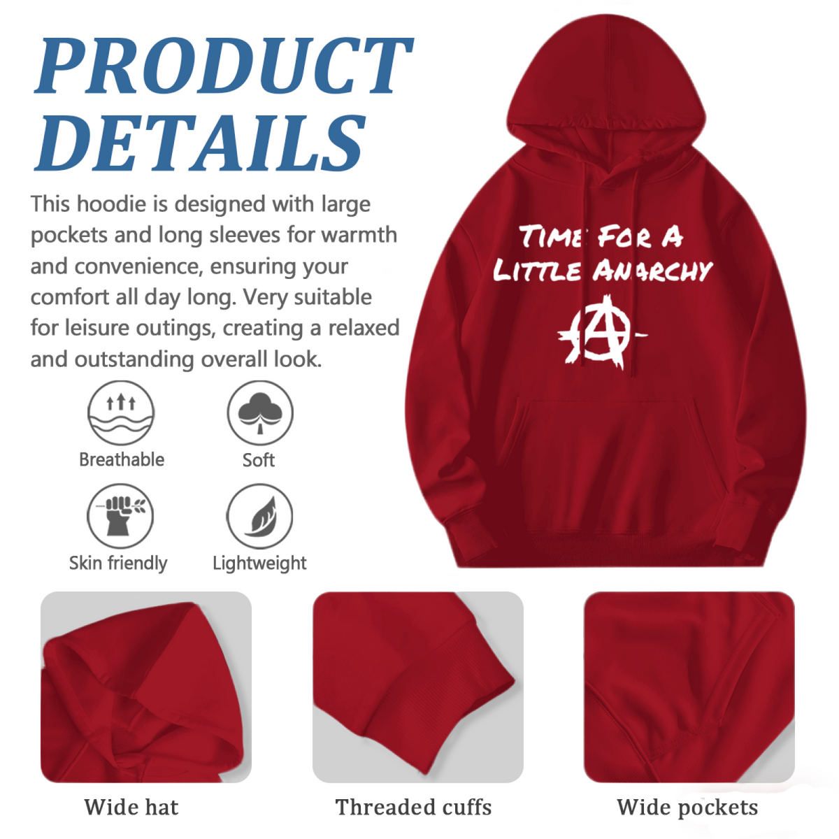 Time For A Little Anarchy Rebel Soft Red Hoodie, Statement Comfort Wear