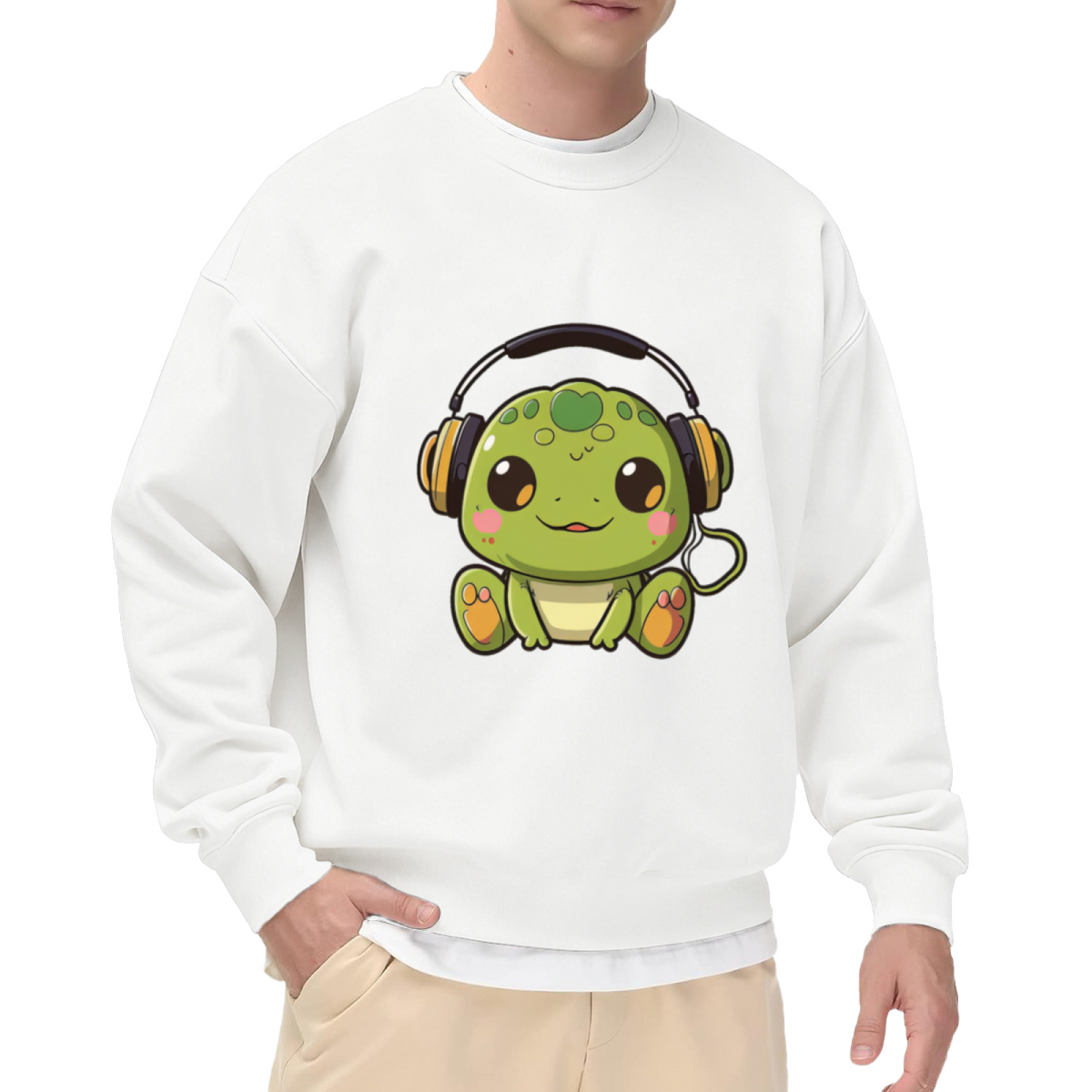Cute Music Frog Wearing Headphones Cartoon Crewneck Sweatshirt Fun Animal Graphic Pullover