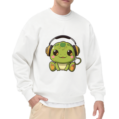 Cute Music Frog Wearing Headphones Cartoon Crewneck Sweatshirt Fun Animal Graphic Pullover