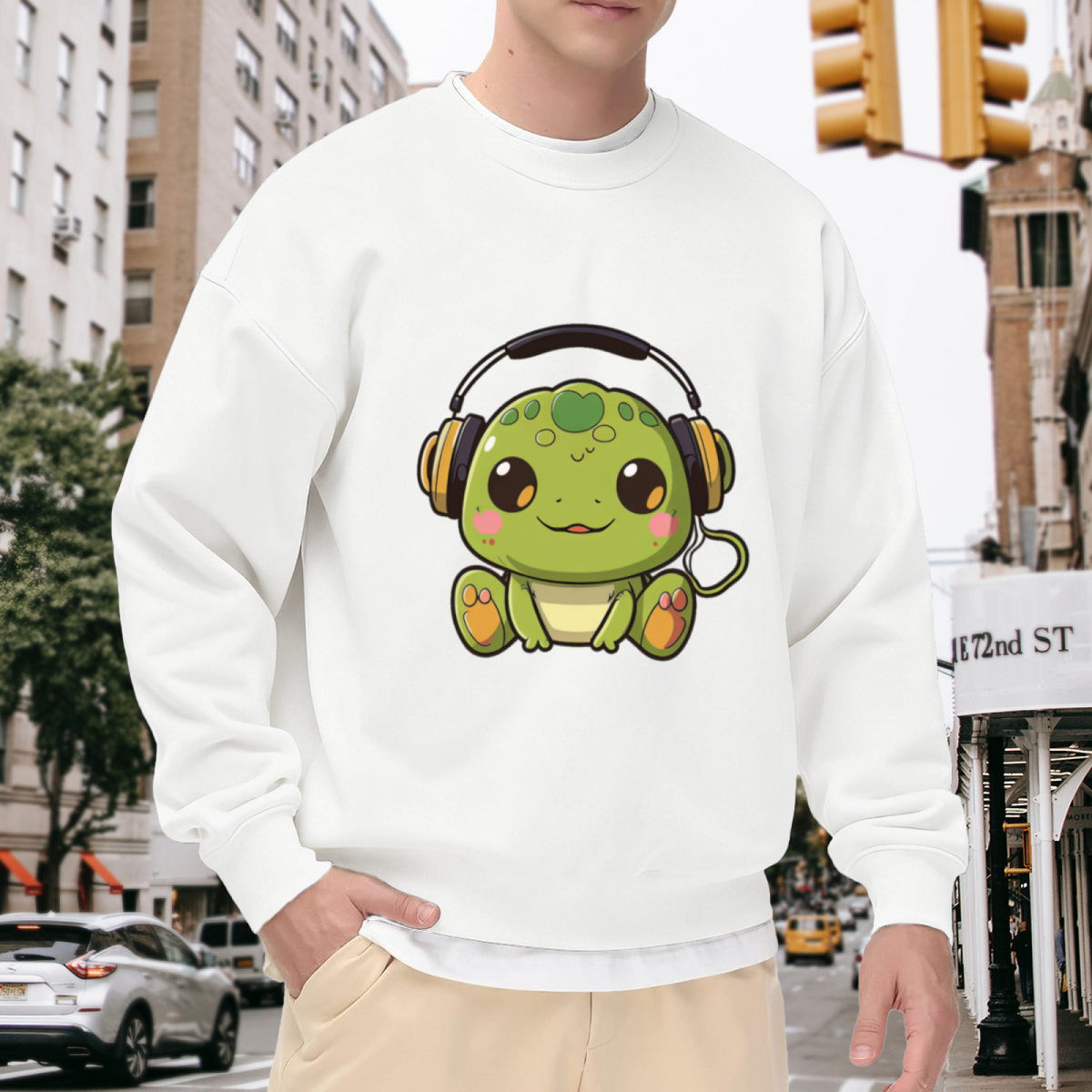 Cute Music Frog Wearing Headphones Cartoon Crewneck Sweatshirt Fun Animal Graphic Pullover