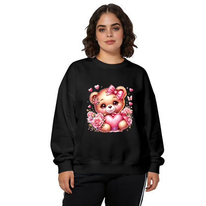 Cute Pink Teddy Bear With Hearts & Roses Crewneck Sweatshirt
