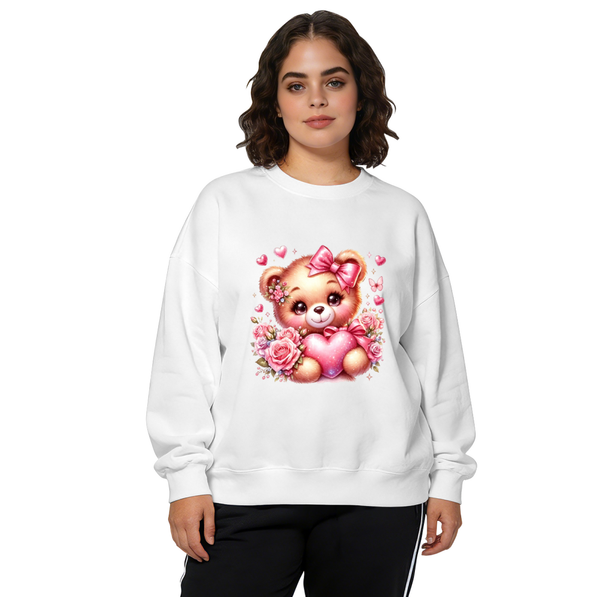 Cute Pink Teddy Bear With Hearts & Roses Crewneck Sweatshirt