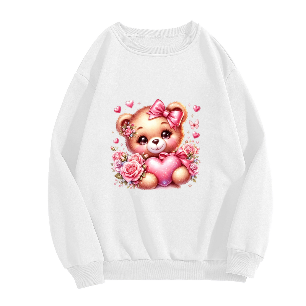 Cute Pink Teddy Bear With Hearts & Roses Crewneck Sweatshirt