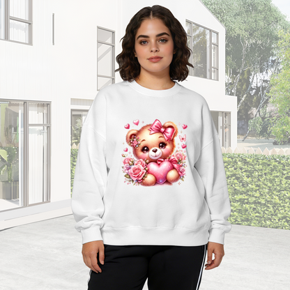 Cute Pink Teddy Bear With Hearts & Roses Crewneck Sweatshirt