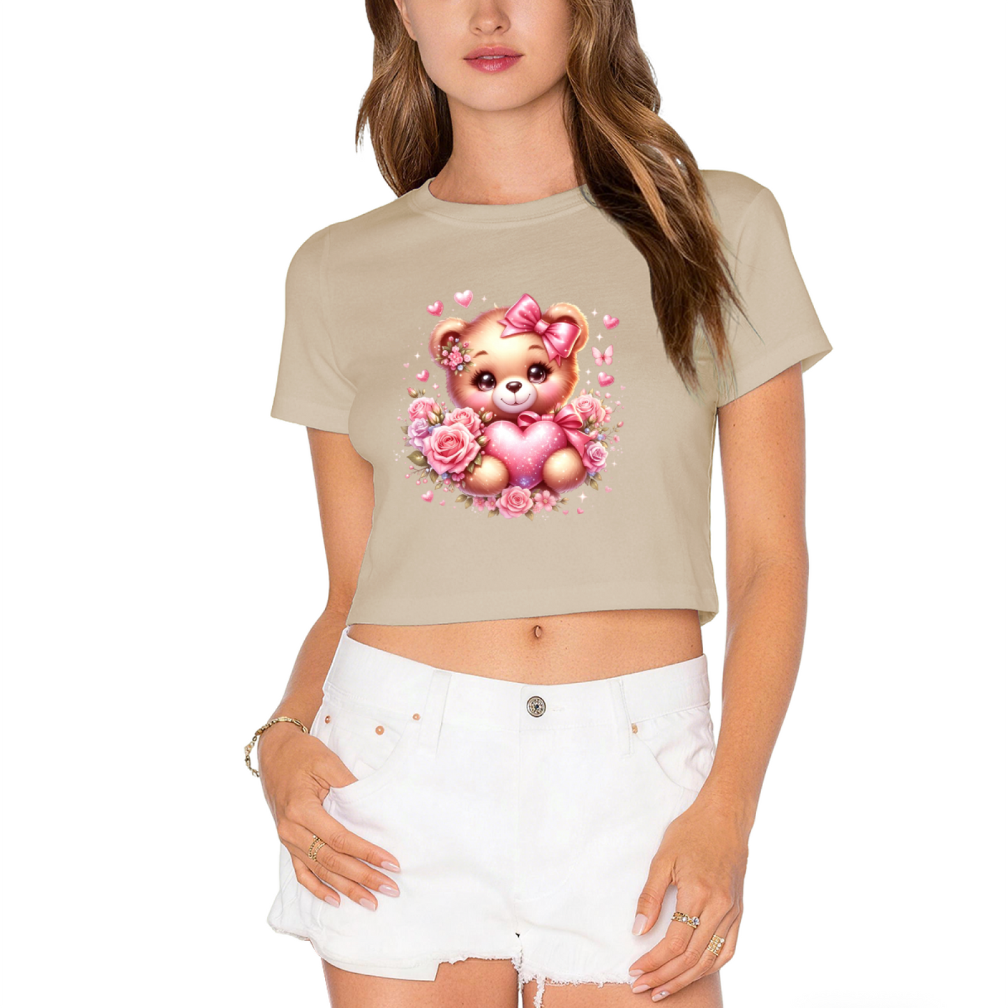 Cute Rose Bear Sweet Pink  Crop Top