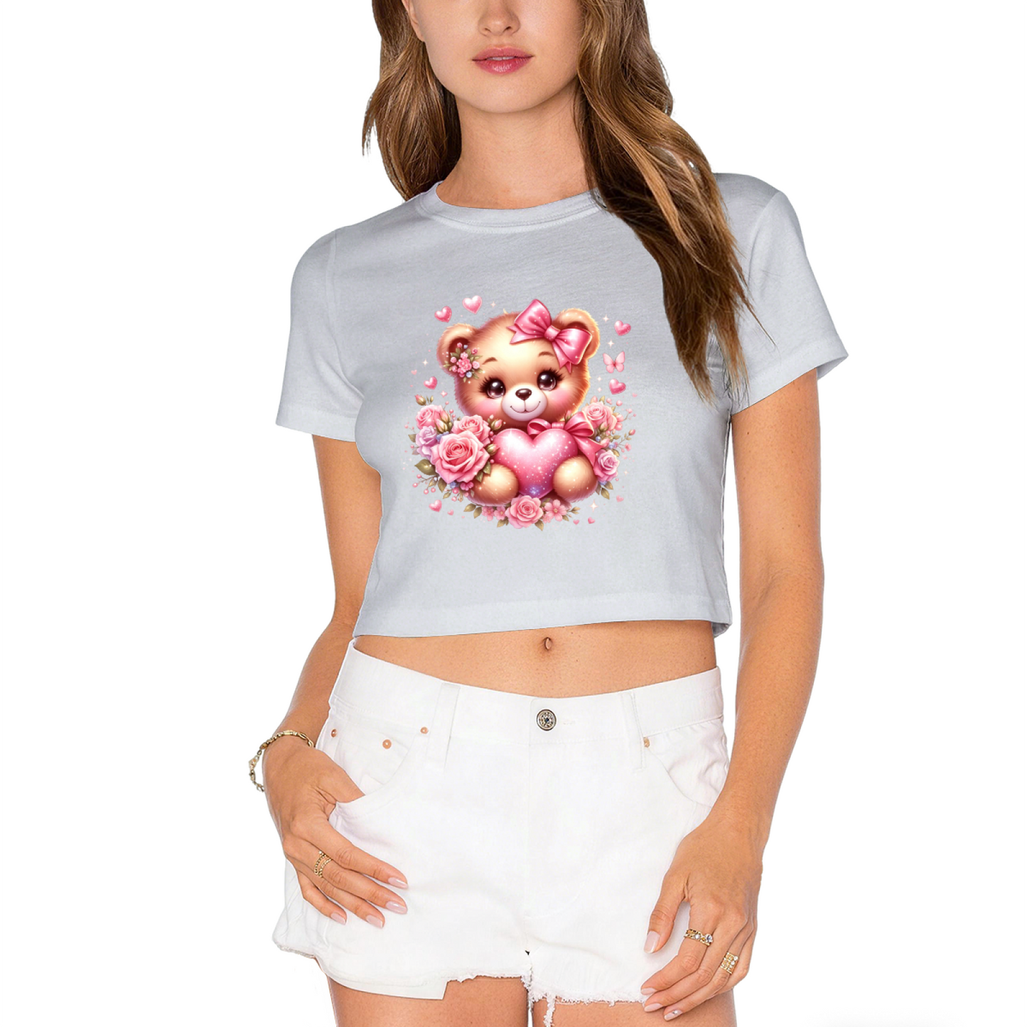 Cute Rose Bear Sweet Pink  Crop Top