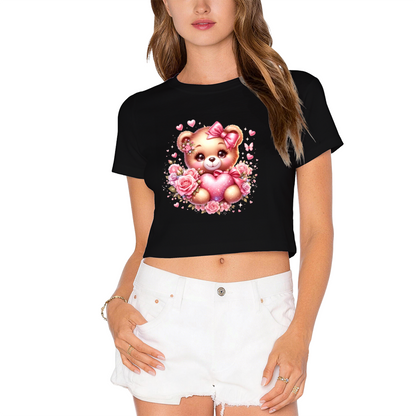 Cute Rose Bear Sweet Pink  Crop Top