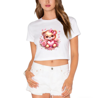 Cute Rose Bear Sweet Pink  Crop Top