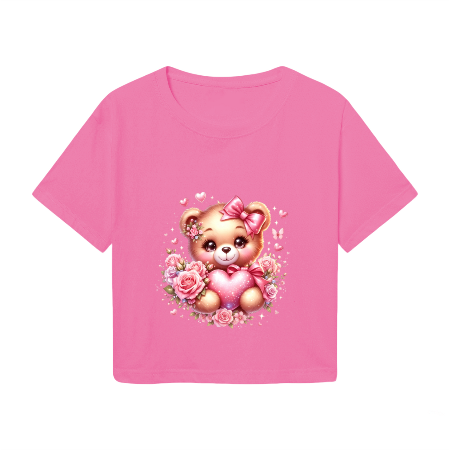 Cute Rose Bear Sweet Pink  Crop Top