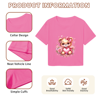 Cute Rose Bear Sweet Pink  Crop Top