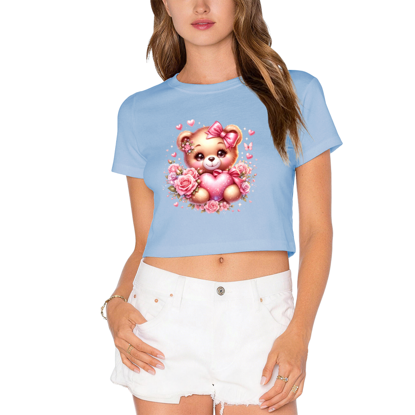 Cute Rose Bear Sweet Pink  Crop Top