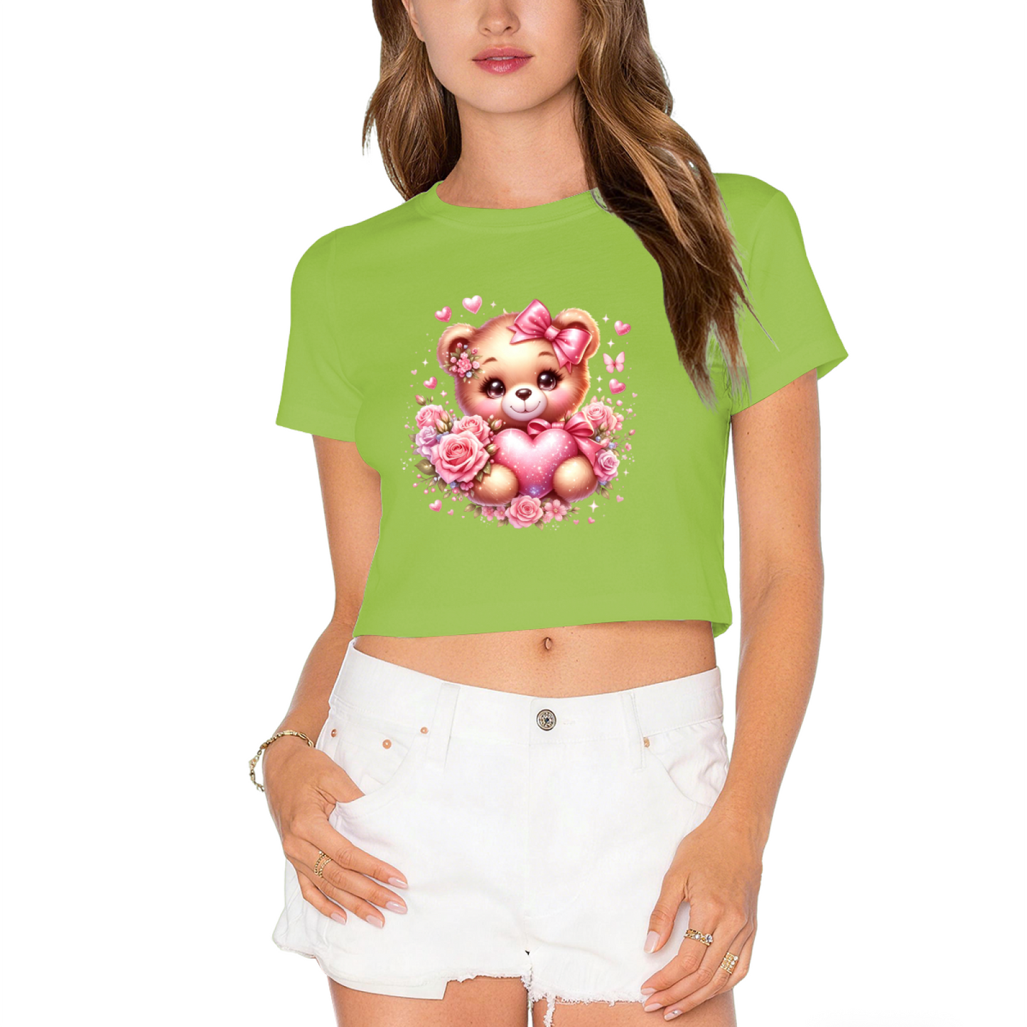 Cute Rose Bear Sweet Pink  Crop Top