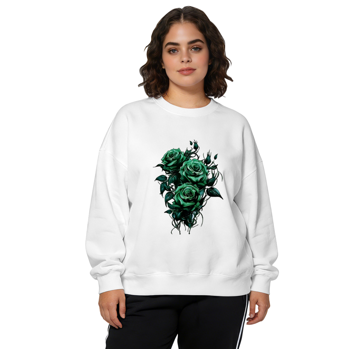 Mysterious Dark Green Thorn Rose Graphic Crewneck Sweatshirt