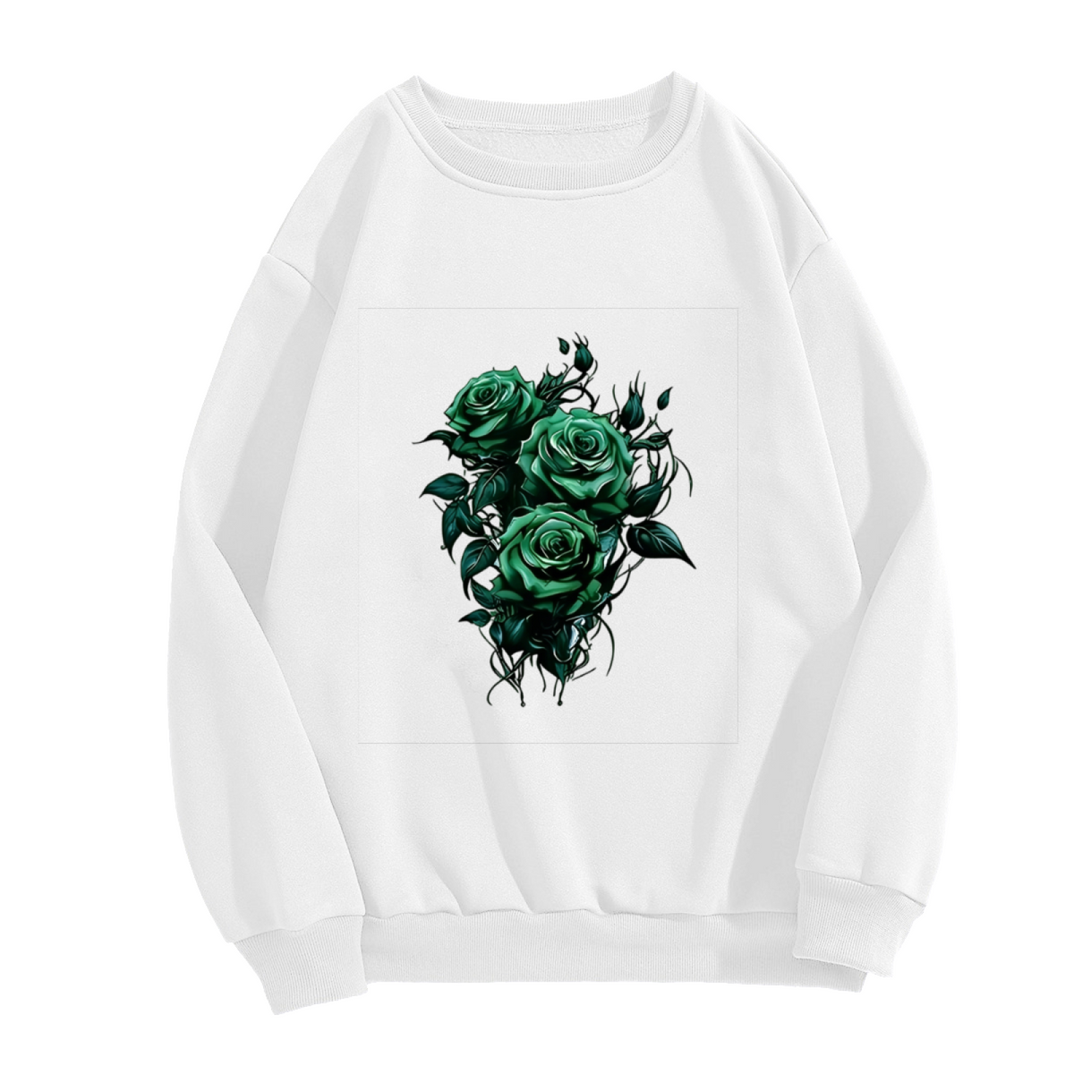 Mysterious Dark Green Thorn Rose Graphic Crewneck Sweatshirt