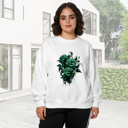 Mysterious Dark Green Thorn Rose Graphic Crewneck Sweatshirt