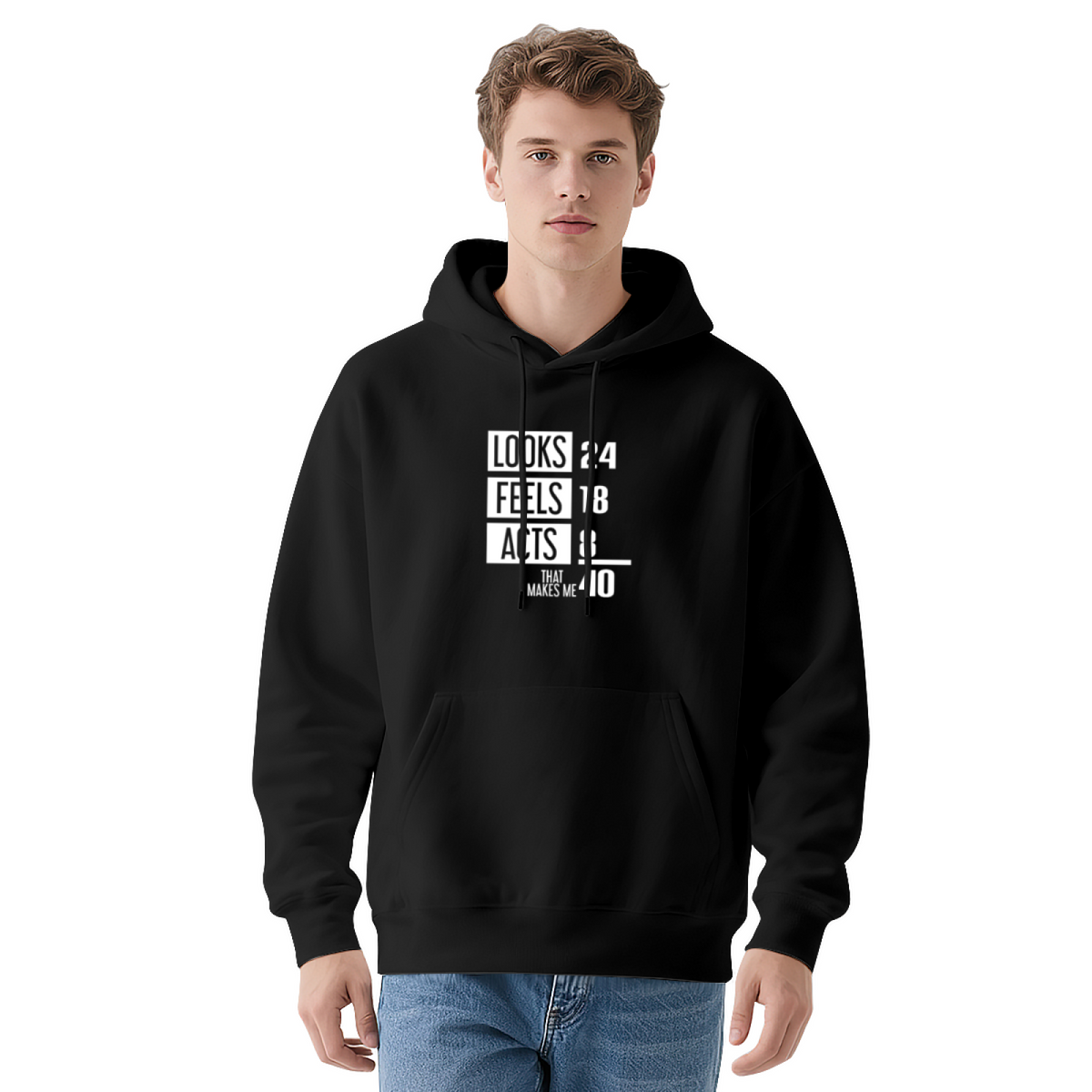 Funny Age Quote LOOKS FEELS ACTS Navy Hoodie, Men Comfort Casual Hoodie