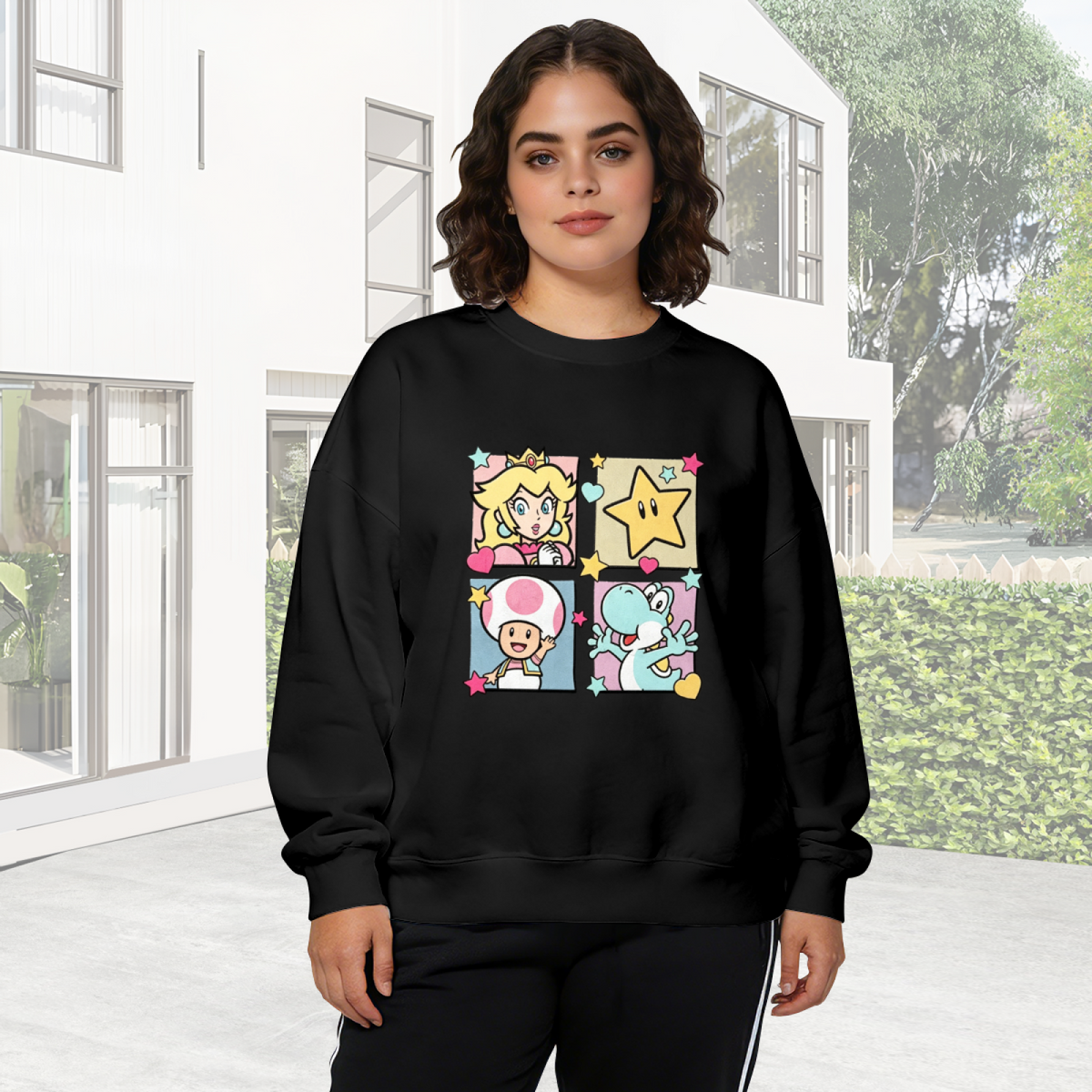 Retro Game Character Quad Art Panel Crewneck Sweatshirt