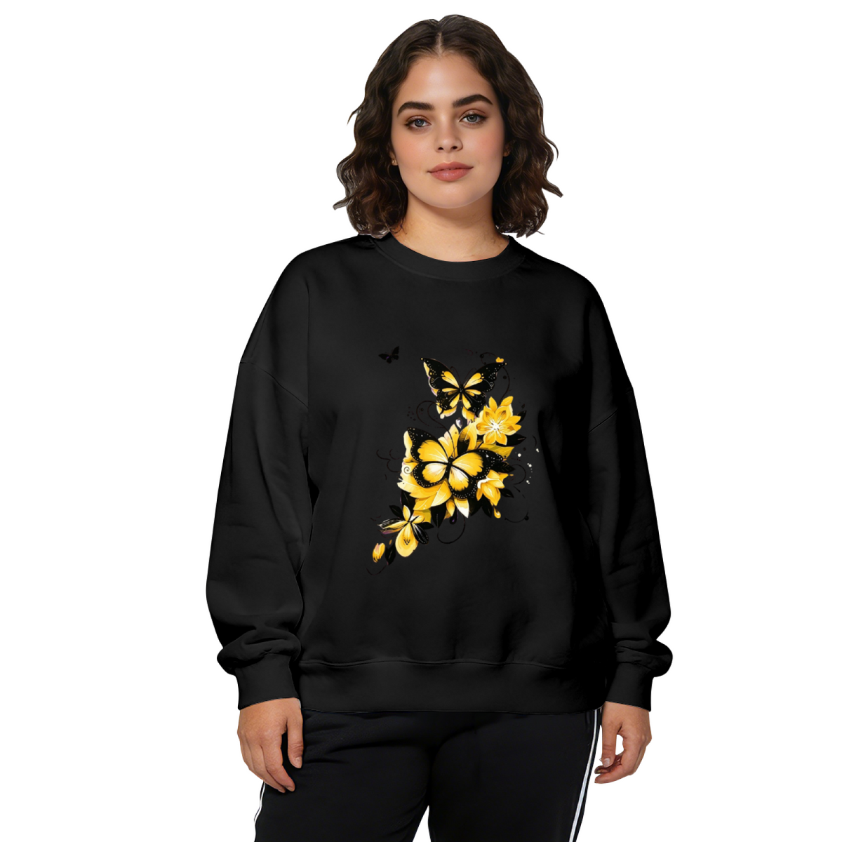 Bright Yellow Black Butterfly Floral Aesthetic Crewneck Sweatshirt