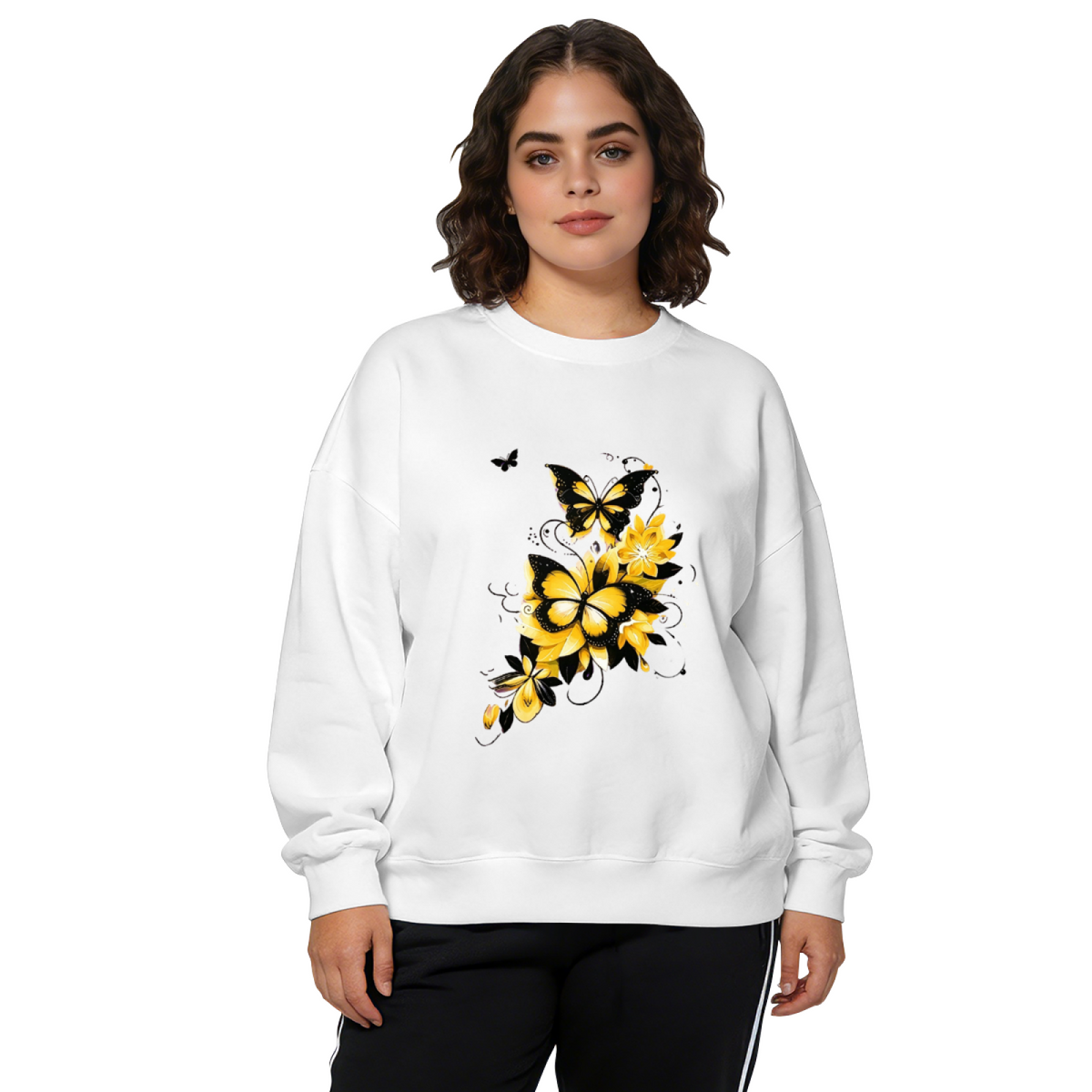 Bright Yellow Black Butterfly Floral Aesthetic Crewneck Sweatshirt