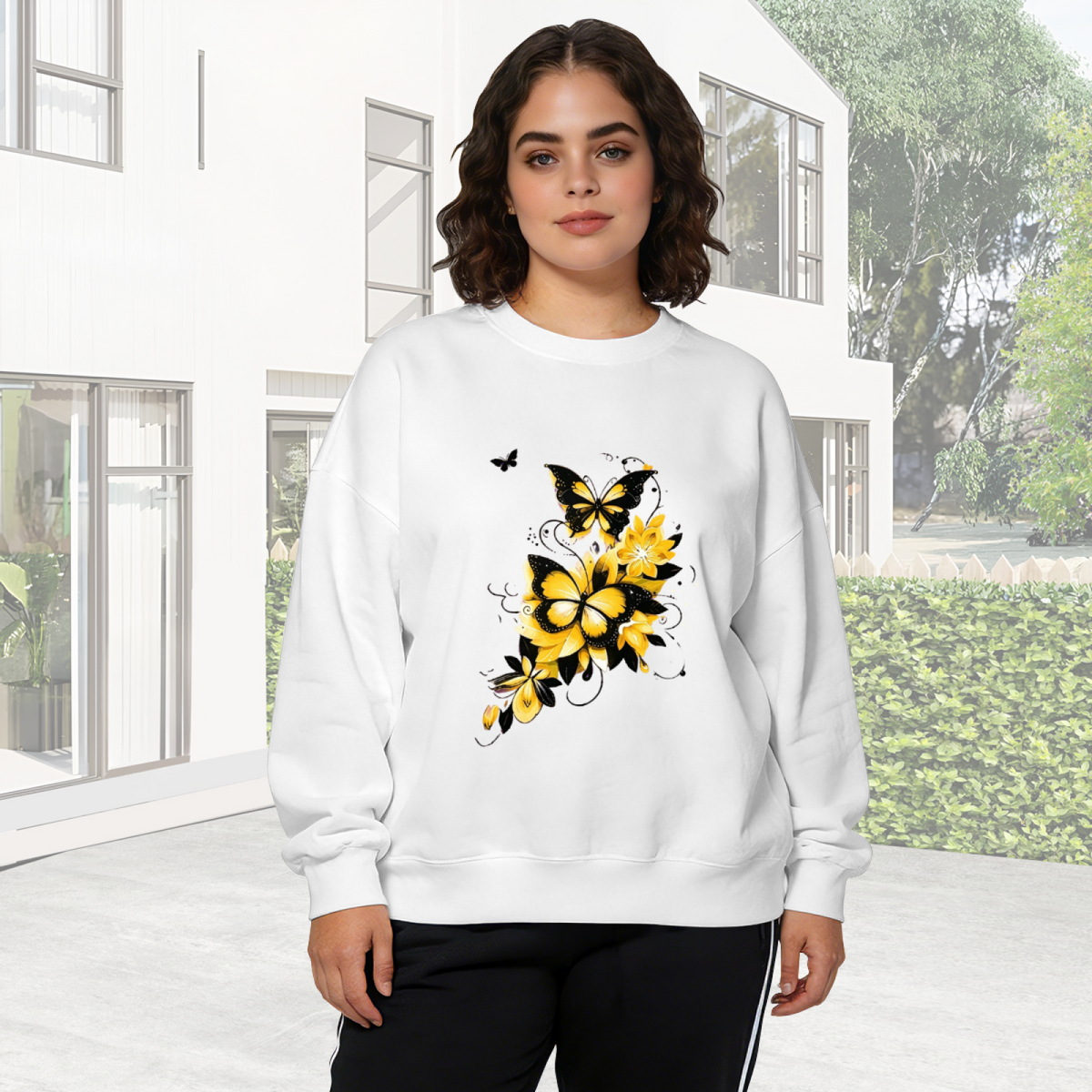 Bright Yellow Black Butterfly Floral Aesthetic Crewneck Sweatshirt