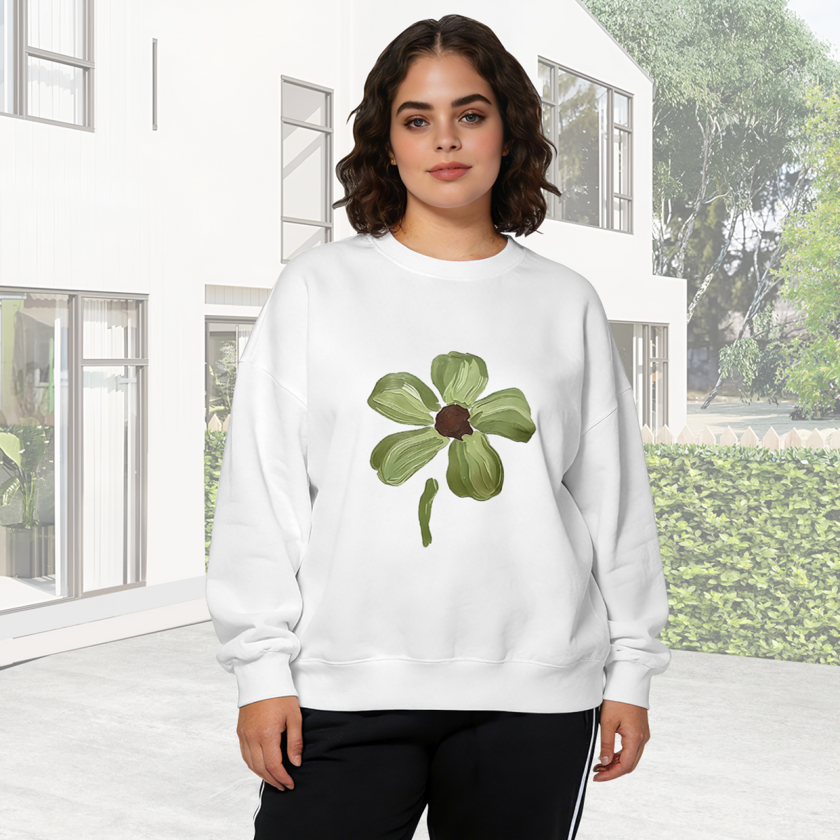 Artistic Hand?Painted Green Flower Casual Crewneck Sweatshirt