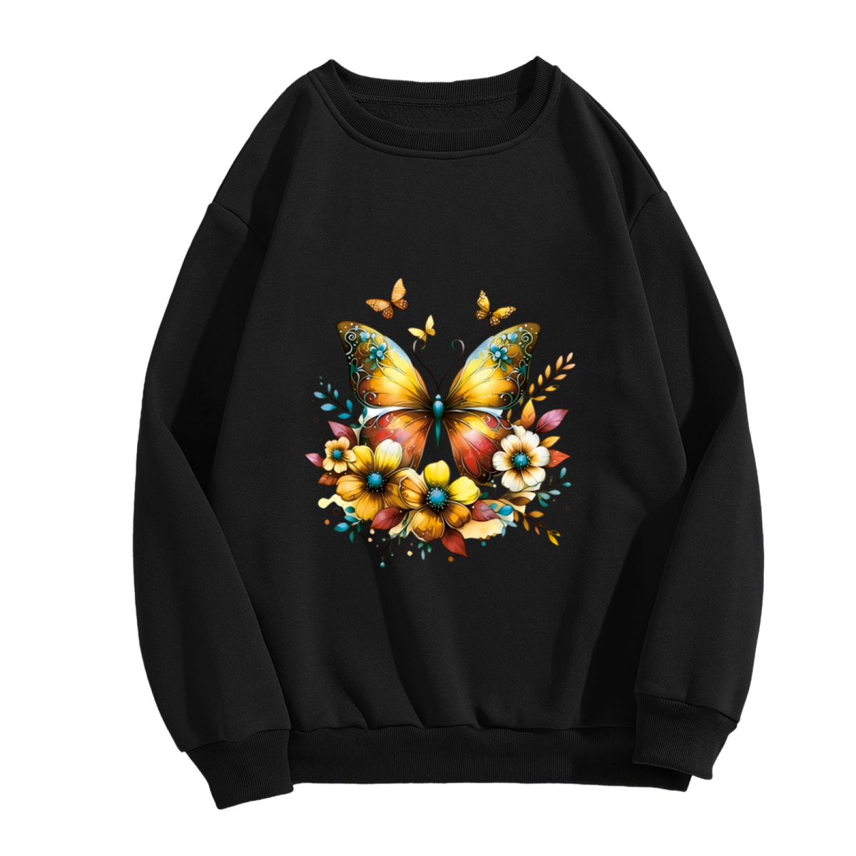 Gorgeous Golden Butterfly Floral Black Crewneck Sweatshirt