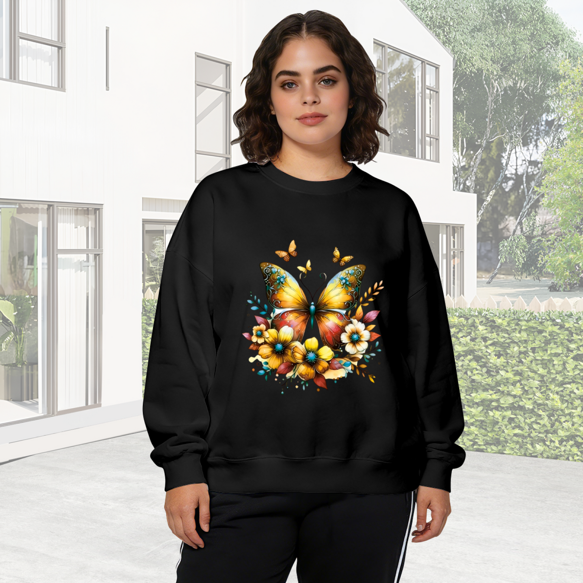 Gorgeous Golden Butterfly Floral Black Crewneck Sweatshirt