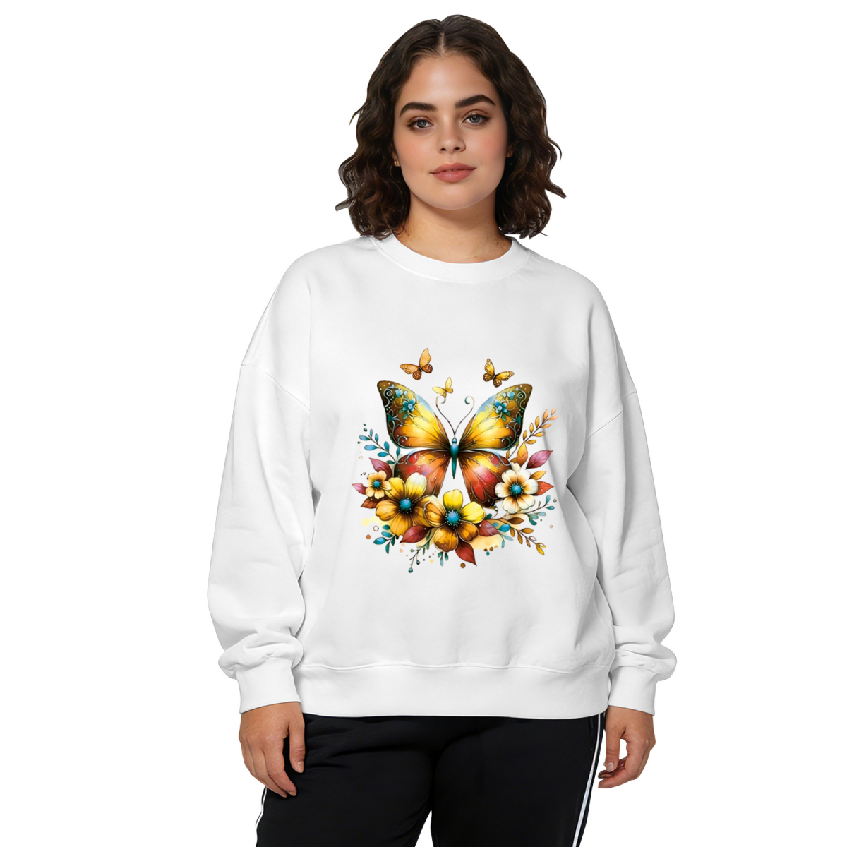 Gorgeous Golden Butterfly Floral Black Crewneck Sweatshirt