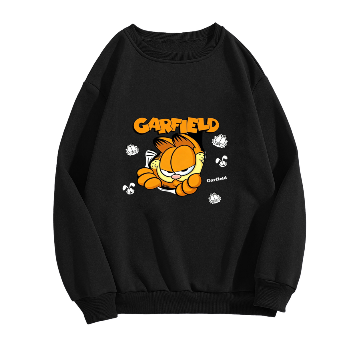 Fun Garfield Cartoon Character Print Black Crewneck Sweatshirt