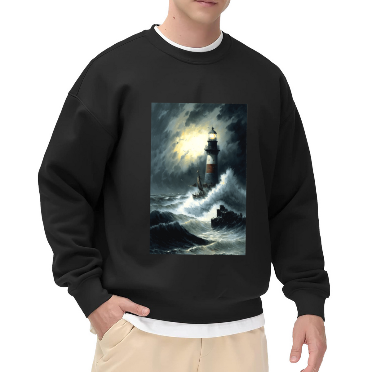 Stormy Sea Lighthouse Vintage Nautical Art Crewneck Sweatshirt
