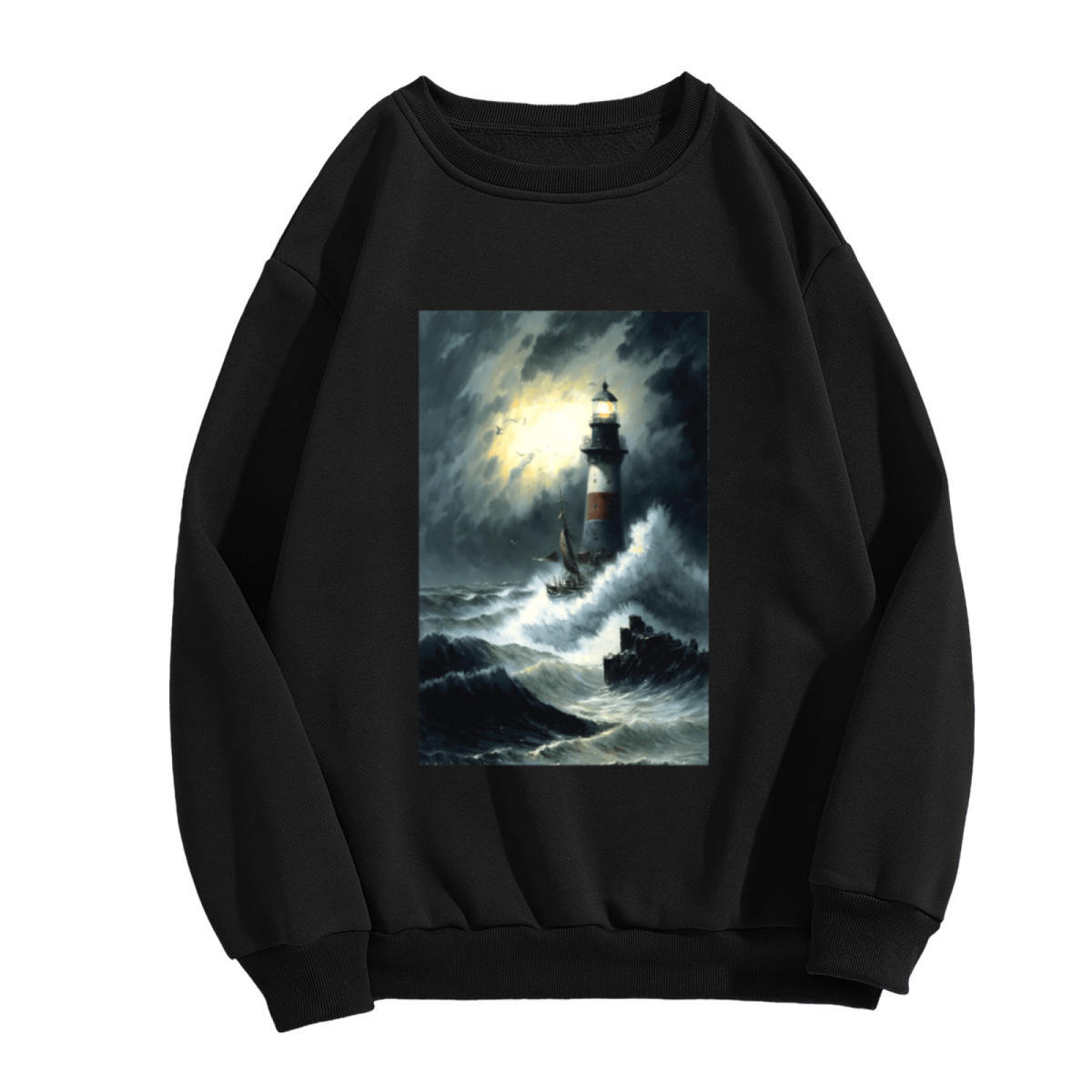 Stormy Sea Lighthouse Vintage Nautical Art Crewneck Sweatshirt