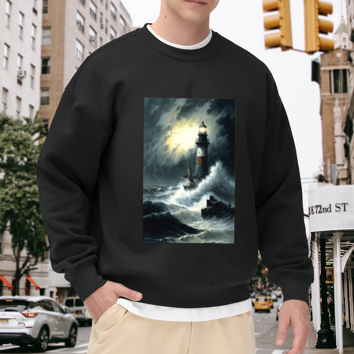 Stormy Sea Lighthouse Vintage Nautical Art Crewneck Sweatshirt