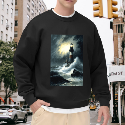 Stormy Sea Lighthouse Vintage Nautical Art Crewneck Sweatshirt