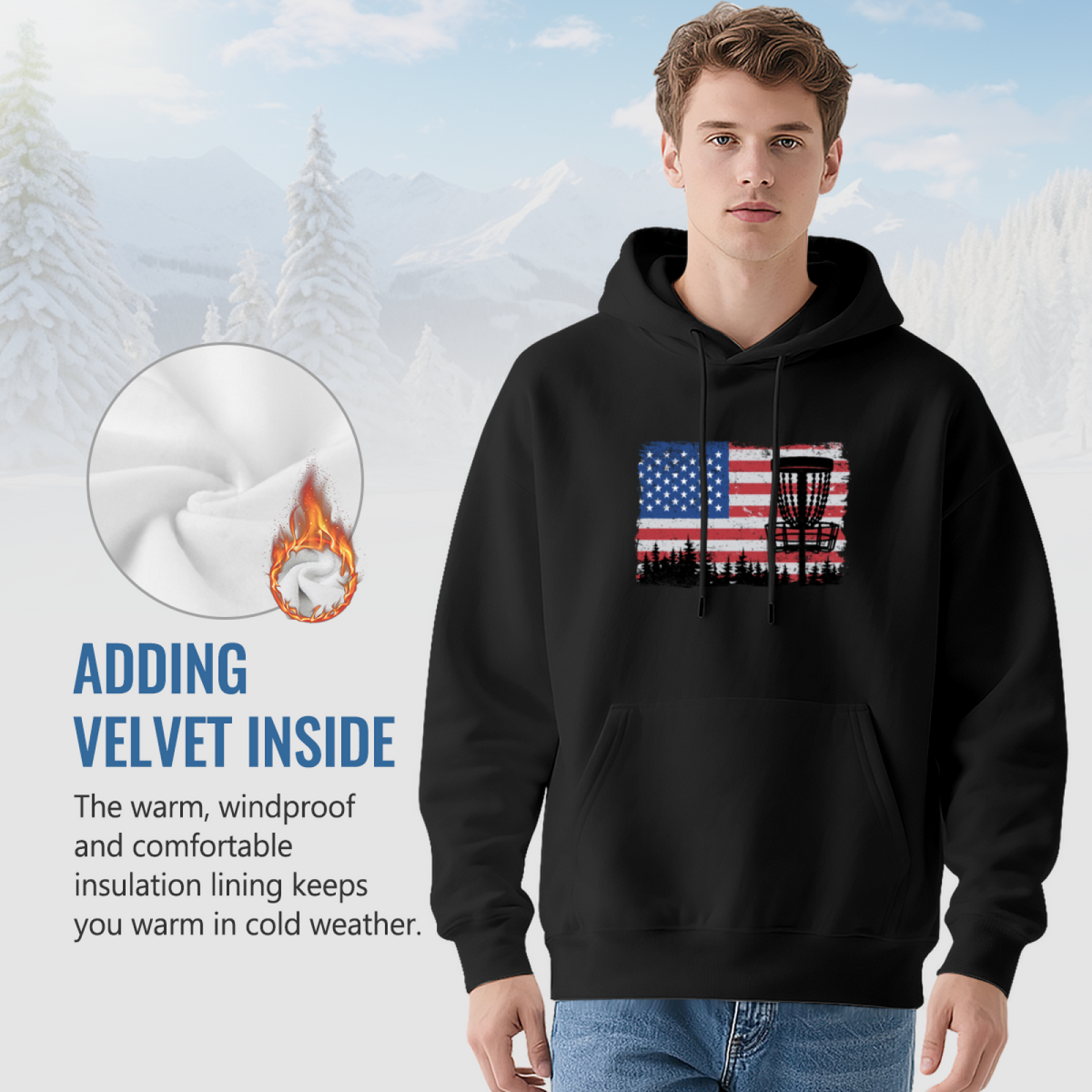 American Flag Disc Golf Black Hoodie, Outdoor Sports Soft Casual Top