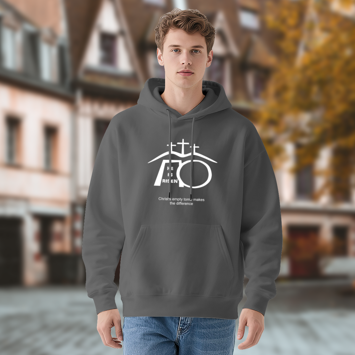 He Is Risen Empty Tomb Cross Dark Grey Hoodie, Cozy Faith Wear Unisex