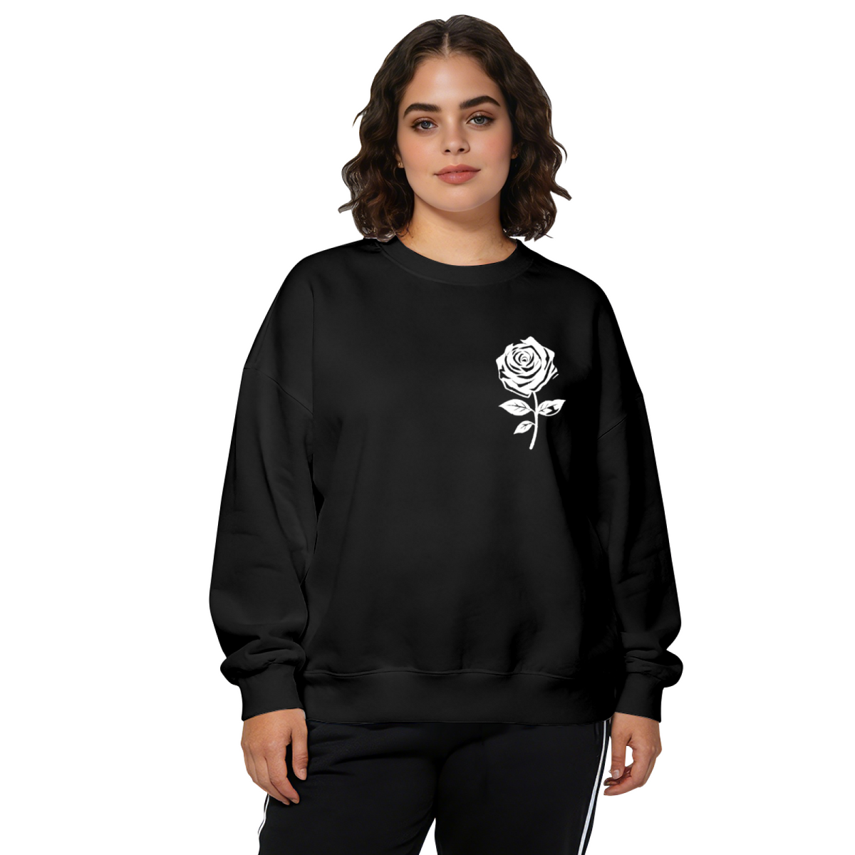 Minimalist White Rose Silhouette Chest Print Crewneck Sweatshirt