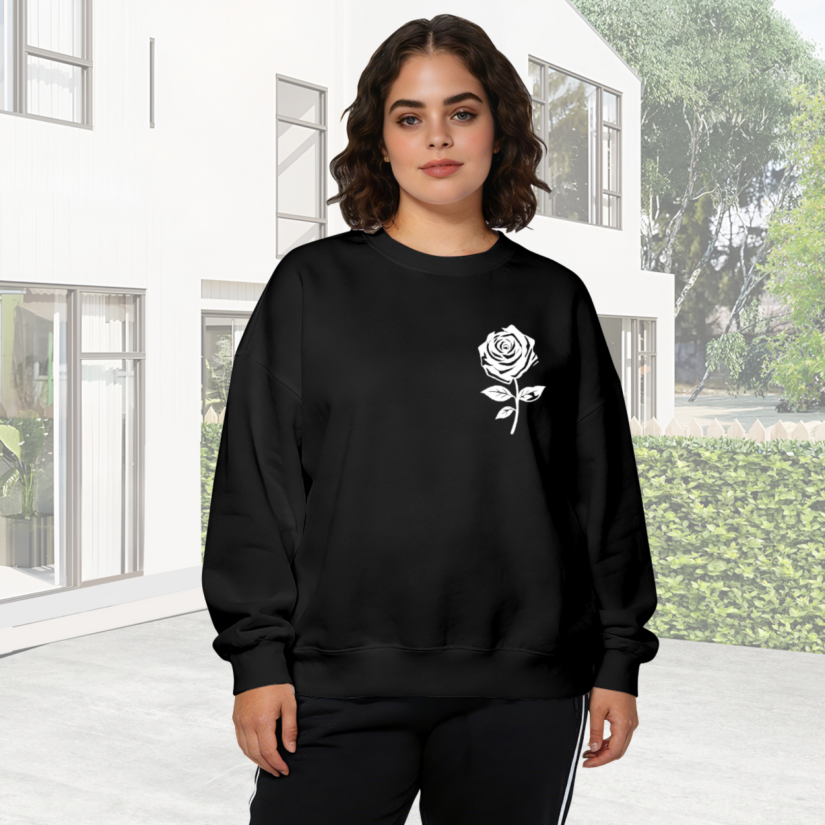 Minimalist White Rose Silhouette Chest Print Crewneck Sweatshirt
