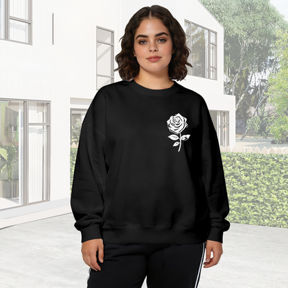 Minimalist White Rose Silhouette Chest Print Crewneck Sweatshirt