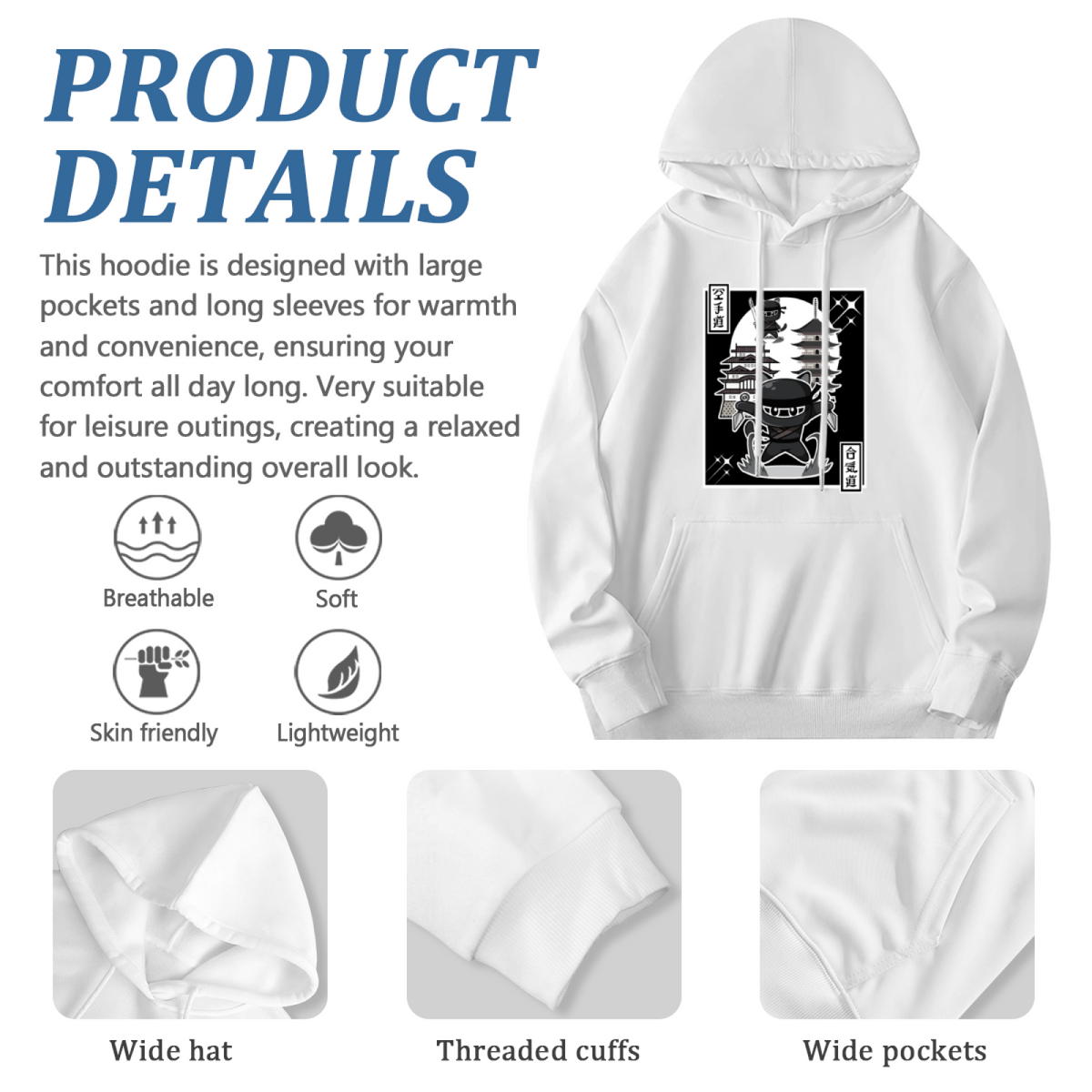 Retro Japanese Ninja Samurai Cat Ukiyo-e Hoodie, Unisex Comfort Anime Streetwear