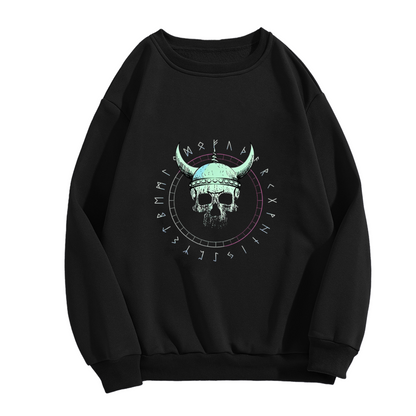 Vintage Viking Skull Rune Circle Print Black Crewneck Sweatshirt