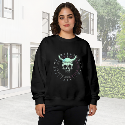 Vintage Viking Skull Rune Circle Print Black Crewneck Sweatshirt