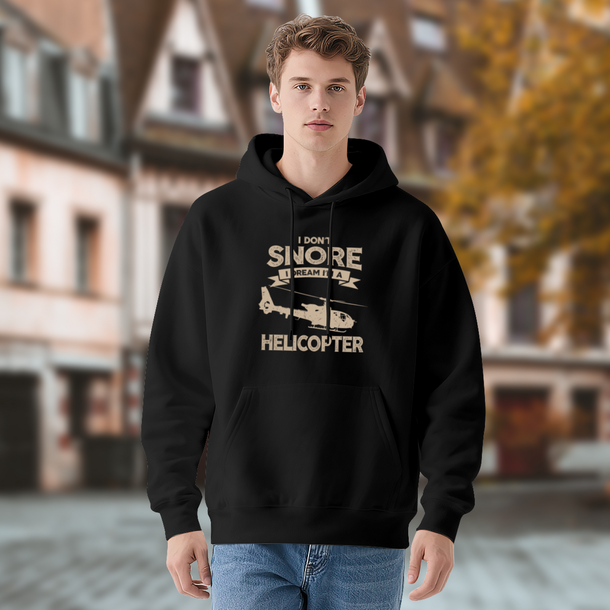 Funny Helicopter Snore Quote Hoodie, Men Comfort Vintage Print Black Hoodie