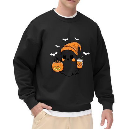 Cute Boo Ghost Pumpkin Coffee Halloween Crewneck Sweatshirt
