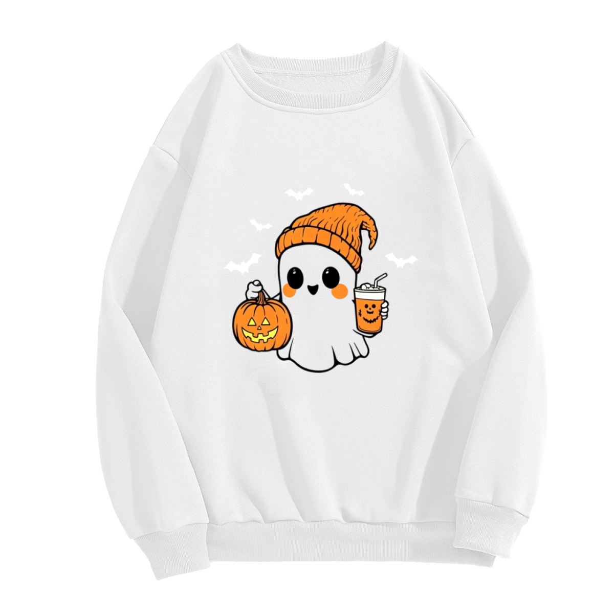 Cute Boo Ghost Pumpkin Coffee Halloween Crewneck Sweatshirt